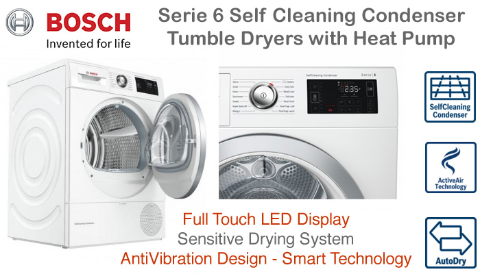 Compare Bosch tumble dryer prices vented condenser heat pump and slim depth tumble dryers with sensors