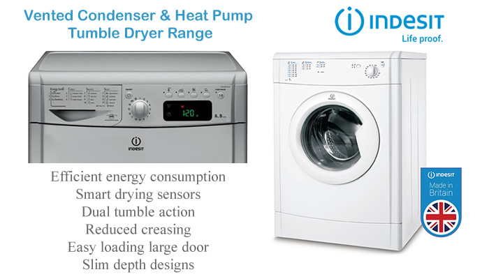 Compare Indesit tumble dryer prices compact 4kg vented condenser heat pump large 9kg tumble dryers with sensors