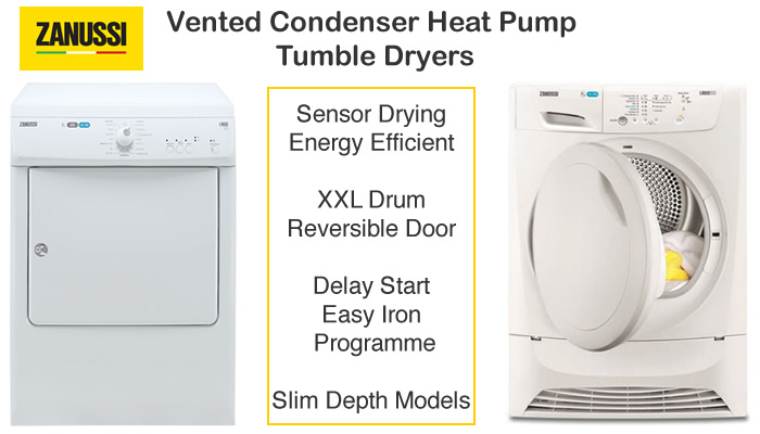 Compare Zanussi tumble dryer prices compact 3kg, vented, condenser and gas tumble dryers
